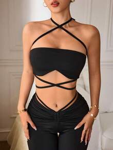 Slayform 女士交叉露背吊带无袖V领露脐上衣，休闲运动性感背心，适合日常穿着 - 黑色 - 查看 3