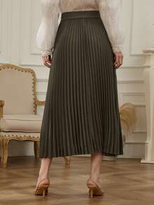 DAZY Women's Autumn Elegant Side Zipper Solid Color Pleated Skirt - Army Green - View 2