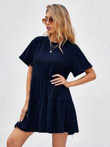 Breezaya 卷边袖口荷叶边下摆娃娃裙度假沙滩装女装 - 藏蓝色 - 查看 4