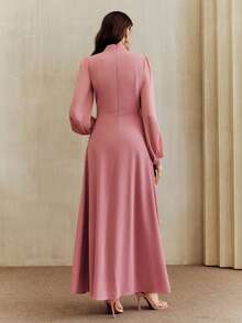 Anewsta Spring/Summer New Arrival Elegant Women's Chiffon Dress, Round Neck, Long Sleeve, Pleated, Pearl Embroidery Applique, Waist Cinched, A-Line Silhouette - Rusty Rose - View 2