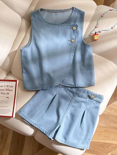 SHEIN 少女牛仔套装，无袖上衣饰有3D立体花朵图案，宽松长裤，两件套