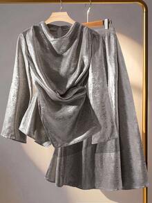 Modelyn 女士秋冬不对称打结领上衣配垂褶下摆和银色亮片不对称半裙两件套 - 銀色 - 查看 1