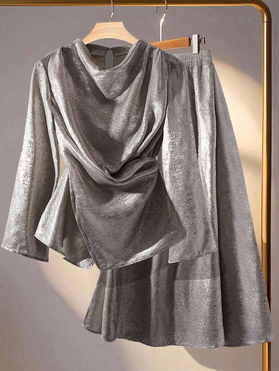 Modelyn 女士秋冬不对称打结领上衣配垂褶下摆和银色亮片不对称半裙两件套 - 銀色 - 查看 1