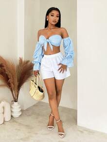 BamGleam 女士条纹印花扭结前襟露肩休闲百搭长袖衬衫 - 藍色 - 查看 3