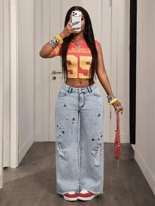 BamGleam Women's Casual Versatile Pocket Button Eyelet Distressed Wide Leg Jeans, Suitable For Daily Wear - Light Wash - View 7