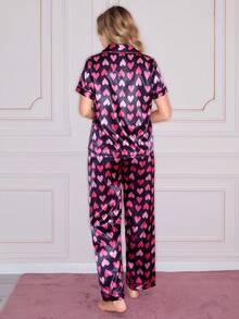 SweetSlumber Heart Pattern Faux Silk Lapel Short Sleeve Pajama Set For Women - Black - View 3