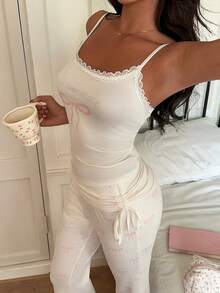 Lowkey Lull Women's Letter & Bow Print Contrast Lace Camisole And Flare Pants Pajama Set - White - View 1