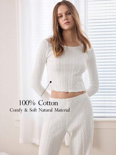 Ocili 100% Cotton Soft & Comfortable Jacquard Frill Trim Tie Front Pajama Top For Women