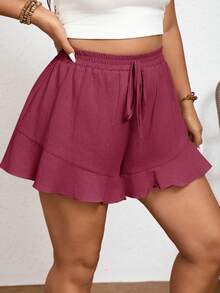 Elaquor Pantalones cortos de talla grande de unicolor con volante francés en el bajo - Burdeos - Ver 11