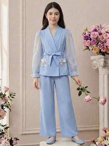 2件套少女宽松可爱立领无袖连衣裙和翻领外套 - 藍色 - 查看 2