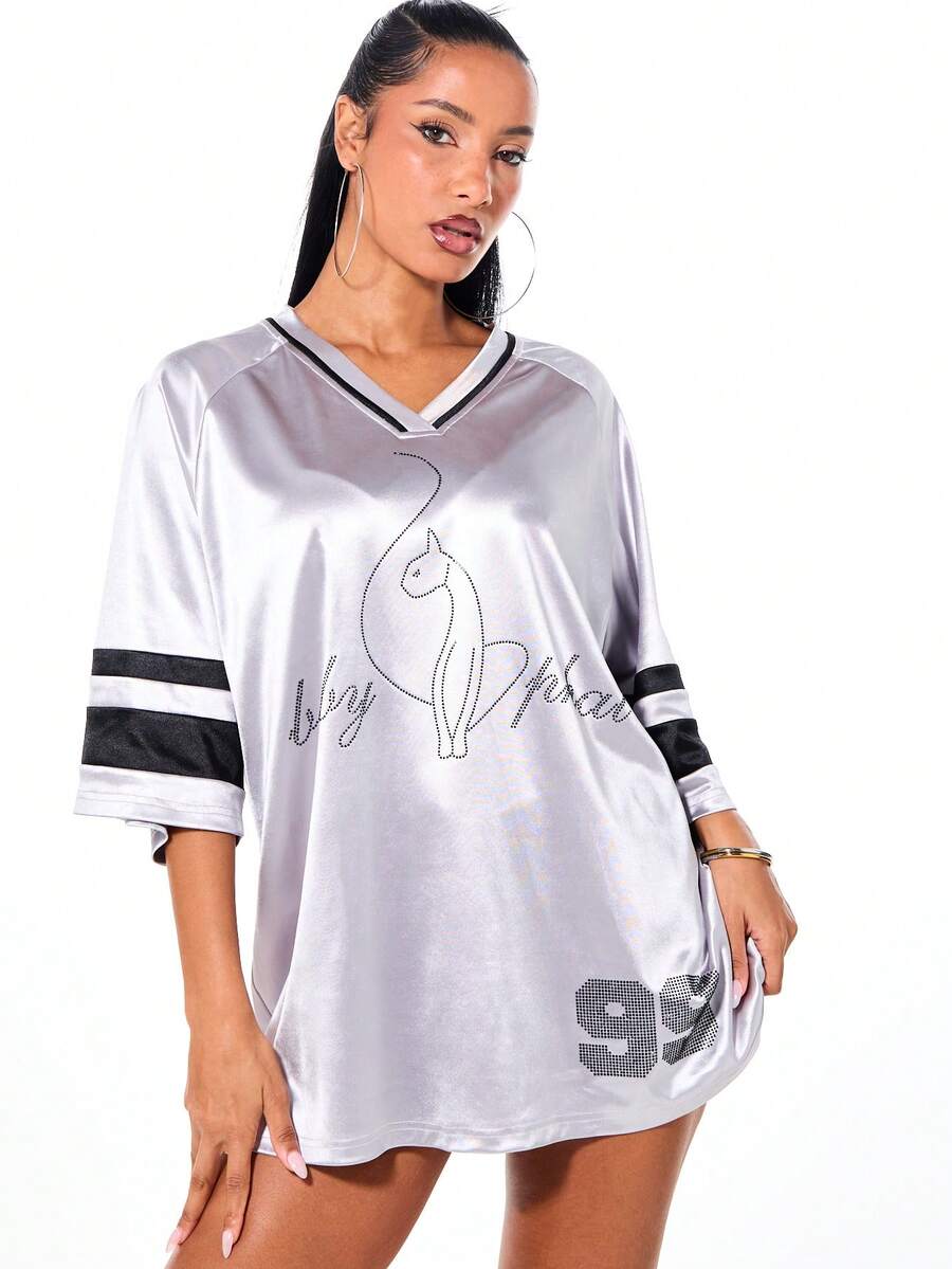 BABYPHAT Women Oversized V Neck Jersey Top With Rhinestone Graphic And Sports Number - White - View 1