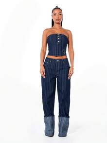 BABYPHAT Áo quây không dây bằng vải denim kẻ sọc cổ điển với chi tiết cúc phía trước, thích hợp cho mùa xuân hè và mặc hàng ngày. - Màu xanh lam - Xem 5