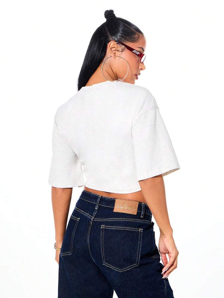 BABYPHAT Logo Cropped Short Sleeve Crew Neck Cotton T-Shirt With Cinched Waist Detail Casual Comfort Fit