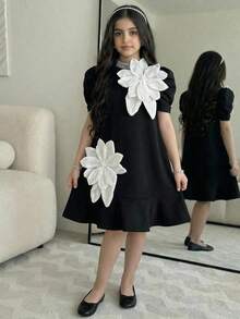 SHEIN 少女寬鬆優雅小立領無袖拼色3D花朵裝飾洋裝 - 黑色 - 查看 6