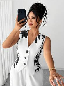SHEIN Elenzya Bộ đồ 2 món cỡ lớn, kiểu dáng thường ngày, in họa tiết hoa, gồm áo vest cài cúc phía trước và quần ống rộng. - Nhiều màu - Xem 6