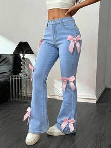 SHEIN PETITE Women's Casual Flare Jeans With Pockets & Bow Decor - Light Wash - View 4