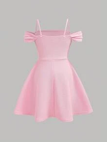 SHEIN Tween Girl Casual Elegant Cute Camisole A-Line Bowknot Hem Dress, Pink,Kids - Pink - View 3