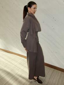 MDEdit 秋冬款女士高腰收腰中长款西装外套（披肩袖）2 件套 - 咖啡棕 - 查看 6