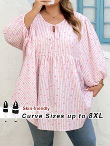 SHEIN CURVE+ Curve 尺码 US22 音乐节、海滨度假、波西米亚风 CURVE PLUS / / 女士系带领灯笼袖条纹爱心印花荷叶边下摆宽松衬衫 - 彩色 - 查看 11