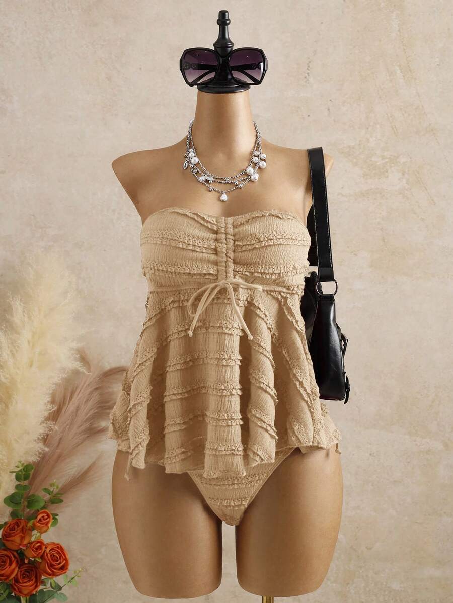Bellisia Jupe mini texturée légère de vacances pour femmes, sans bretelles, avec bretelles amovibles, de couleur bordeaux. Débardeur bikini mignon - Kaki - Voir 1