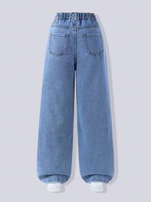SHEIN 少女直筒阔腿牛仔裤，时尚百搭，春、夏、秋、冬皆宜！经典复古水洗蓝牛仔面料，舒适透气，白色手工缝制蝴蝶结点缀，尽显甜美活力风范。弹性腰带搭配仿链条设计，穿着轻松自在！ - 中等水洗藍 - 查看 2