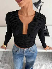 NOVVYNE Women's Ruched Fitted Long Sleeve Blouse, U-Neck, Elegant Sexy Office Wear - Black - View 5