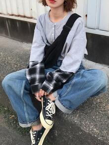 FRIFUL Women's Plaid Patchwork Loose Casual Versatile T-Shirt, Spring - Grey - View 2