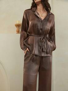 Dazy-Less 女士休闲优雅通勤套装，前扣长袖衬衫和裤子两件套，秋季款 - 棕色 - 查看 7