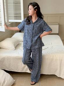 DAZY Tween Girl Floral Print Drop Shoulder Loose Shirt And Pants Pajama Set, Spring/Summer/Autumn - Blue - View 2