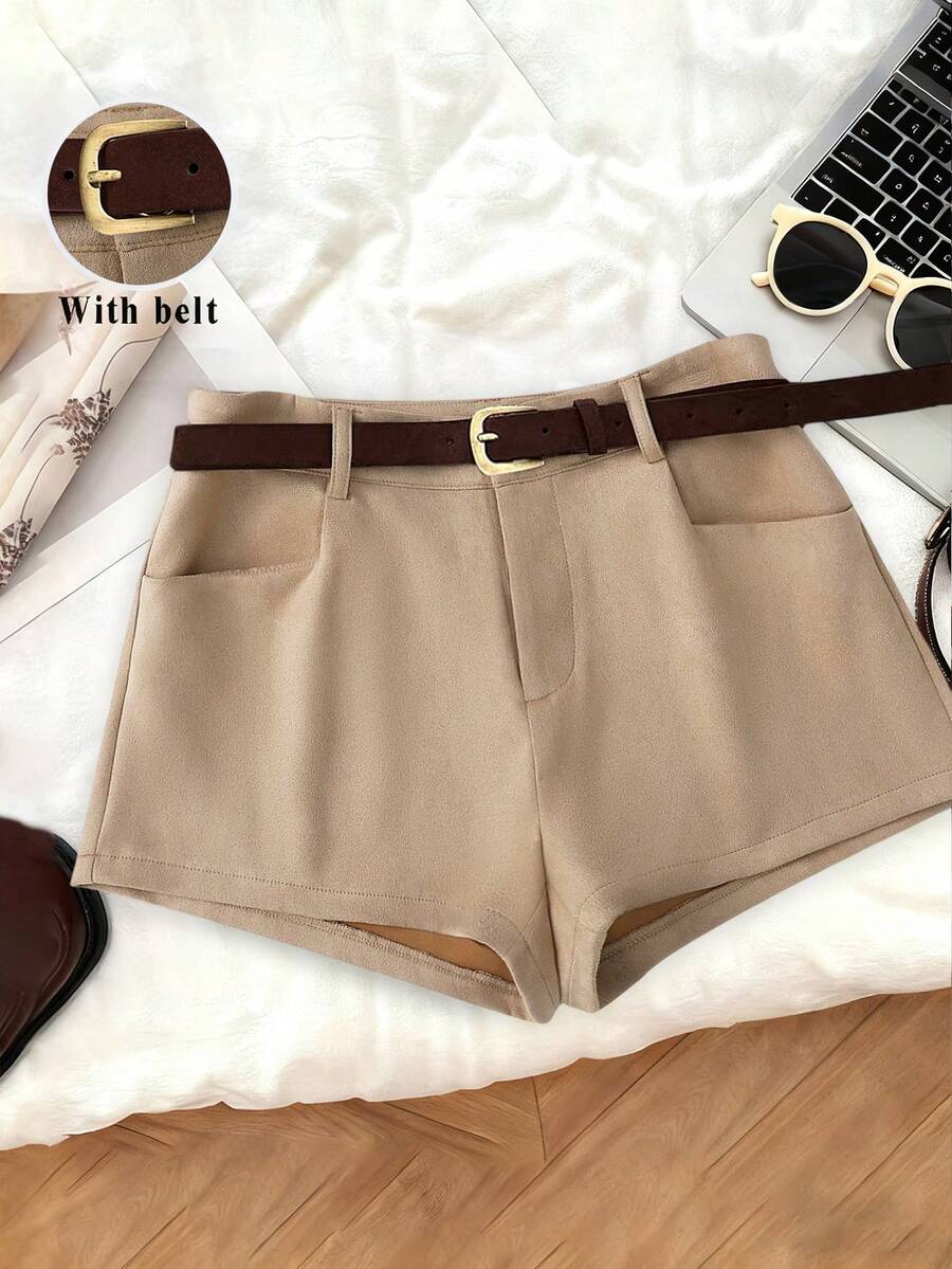 Franclia Quần short kiểu Pháp trang trọng, chất liệu giả da lộn, màu kaki trơn có thắt lưng, quần short mùa hè, quần short công sở, quần short chuyên nghiệp, quần short đa năng cho nữ mùa hè, phù hợp mặc đi làm, có túi, phù hợp cho các dịp năng động hoặc trang trọng, quần short thường ngày. Quần short cạp cao, quần short thanh lịch, quần short nữ, quần short nữ, quần short cạp cao, quần short kaki nữ, quần short cạp cao cho nữ - Nhiều màu - Xem 1