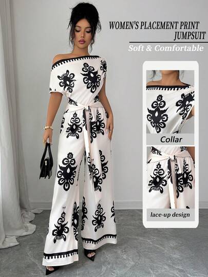 Elenzga Women's New Fashion All-Over Print Asymmetric Collar Batwing Sleeve Tie Front Wide Leg Jumpsuit, Romper, Suitable For Dates, Work, Vacation, Holidays, Casual Wear, Summer Bohemian Style/Festivals/Celebrations/Music Festivals/Derby Outfits/Middle Eastern Retro Style