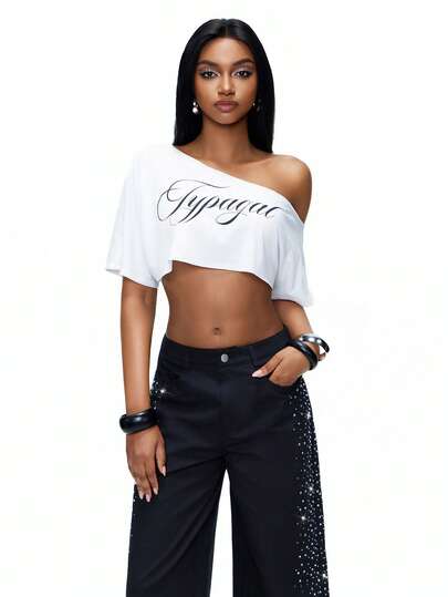TypaGal Y2K Sexy Summer White Stylish Chic Bold Modern Women's Fashion Carnival Party Beach Vacation Street Casual   Loose Fit Asymmetrical Shoulder Short Casual Top, Versatile Oversized Street Style Festival Western Rave  T-Shirt