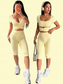 SHEIN EZwear Summer Female Gym Set Yellow Criss-Cross Wrap Fitted Sporty Outfit, Summer - Pale Yellow - View 6