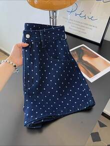 GlowEve 女士休闲波点印花牛仔短裤，适合日常通勤和度假，夏季 - 藍色 - 查看 2