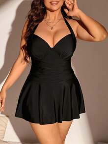 Swim Lushoire Plus Size Women's Solid Color Simple Daily Halter Neck Swimsuit Dress Summer - Black - View 4