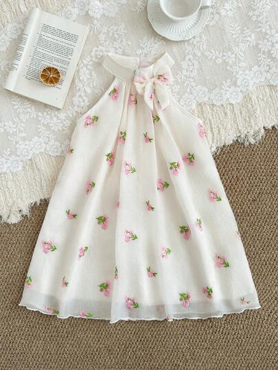 SHEIN 4Y-7Y Girls' Apricot Floral Embroidered Bowknot Sleeveless Dress, Comfortable & Soft, Cute, Suitable For Spring/Summer Outings, Can Be Used As A Gift