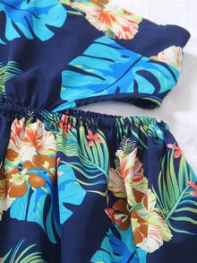 SHEIN Đầm maxi đi biển kiểu boho, cổ yếm, hở lưng, xẻ tà cao, in họa tiết hoa nhiệt đới cho bé gái tuổi teen. - Màu xanh lam - Xem 7