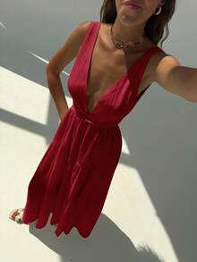 Aloruh Women's Deep V-Neck Tie Waist A-Line Dress, White, Vacation/Holiday - Burgundy - View 3