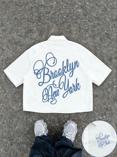 Manfinity Dauomo 男士休闲 Polo 领短袖衬衫，商务休闲百搭户外服饰，白色底蓝色字母印花设计