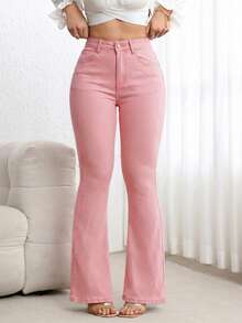 Flexra Quần jeans ống loe cạp cao có túi dành cho nữ, kiểu dáng thường ngày, đa năng. - Hồng - Xem 6