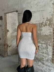 POPSWAY Vestido ajustado casual con estampado de rayas de moda para tallas grandes estilo Y2K - Blanco y Negro - Ver 2