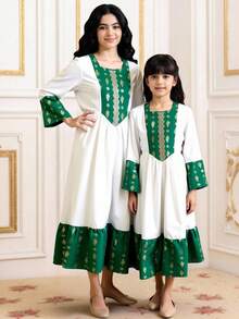 Sparklyn Sister Matching Long Sleeve Square Neck Flared A Line Polyester Dress For Tween Girls Geometric Arabian Style Vacation - Multicolor - View 7