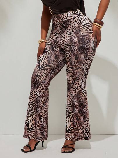 Radiana Plus Size Women's High Waist Flare Pants With Wild Animal Print, Spring/Summer