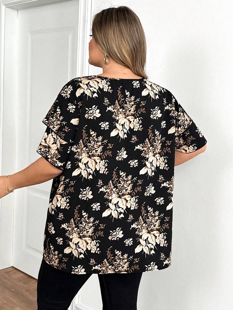 SHEIN CURVE+ Damen Große Größen Bluse mit Blume Muster und doppelter Ärmellage, elegante Sommerbluse für Frauen, süße Shirts, Sommerbluse - Verschiedenfarbig - Übersicht 2