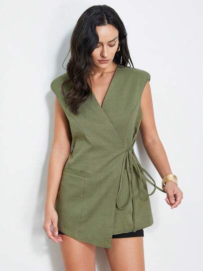 Aveloria Modichic Women's Solid Color V-Neck Criss-Cross Knot Asymmetrical Hem Fashionable Versatile Commuting Office Suit Vest Top