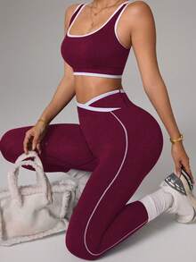 Slayform Bộ đồ thể thao nữ không đường may, co giãn cao gồm áo croptop và quần legging. - Màu Đỏ Sâu - Xem 8
