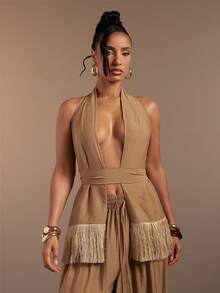 Hauture Women's Sexy Halter Neck Fringe Hem Detail Backless Top - Brown - View 1