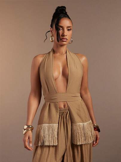 Hauture Women's Sexy Halter Neck Fringe Hem Detail Backless Top