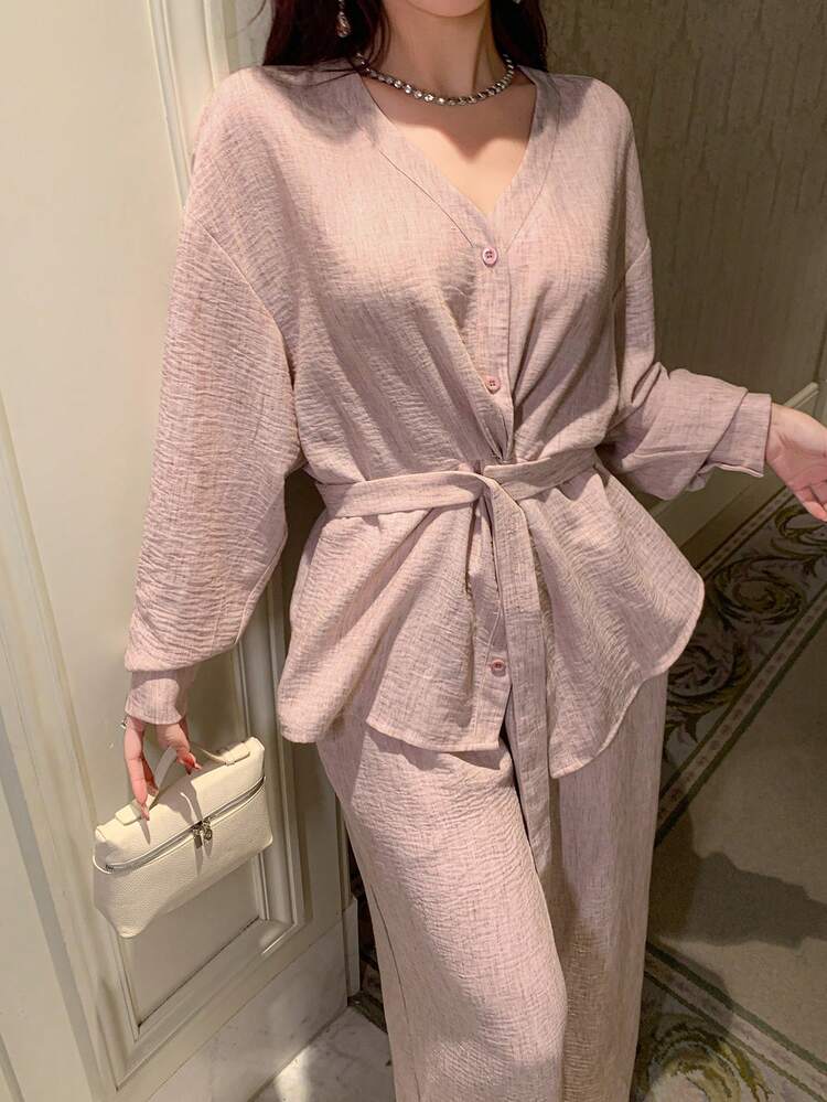 2pcs Women Casual Front Button Long Sleeve Top And Pants Set, Autumn