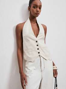 ATUI Studio Women's Beige Sleeveless Deep V-Neck Cinched Waist Vest, Sheer Atmosphere, Suitable For Dates, Vacations, And Daily Commute - Beige - View 1